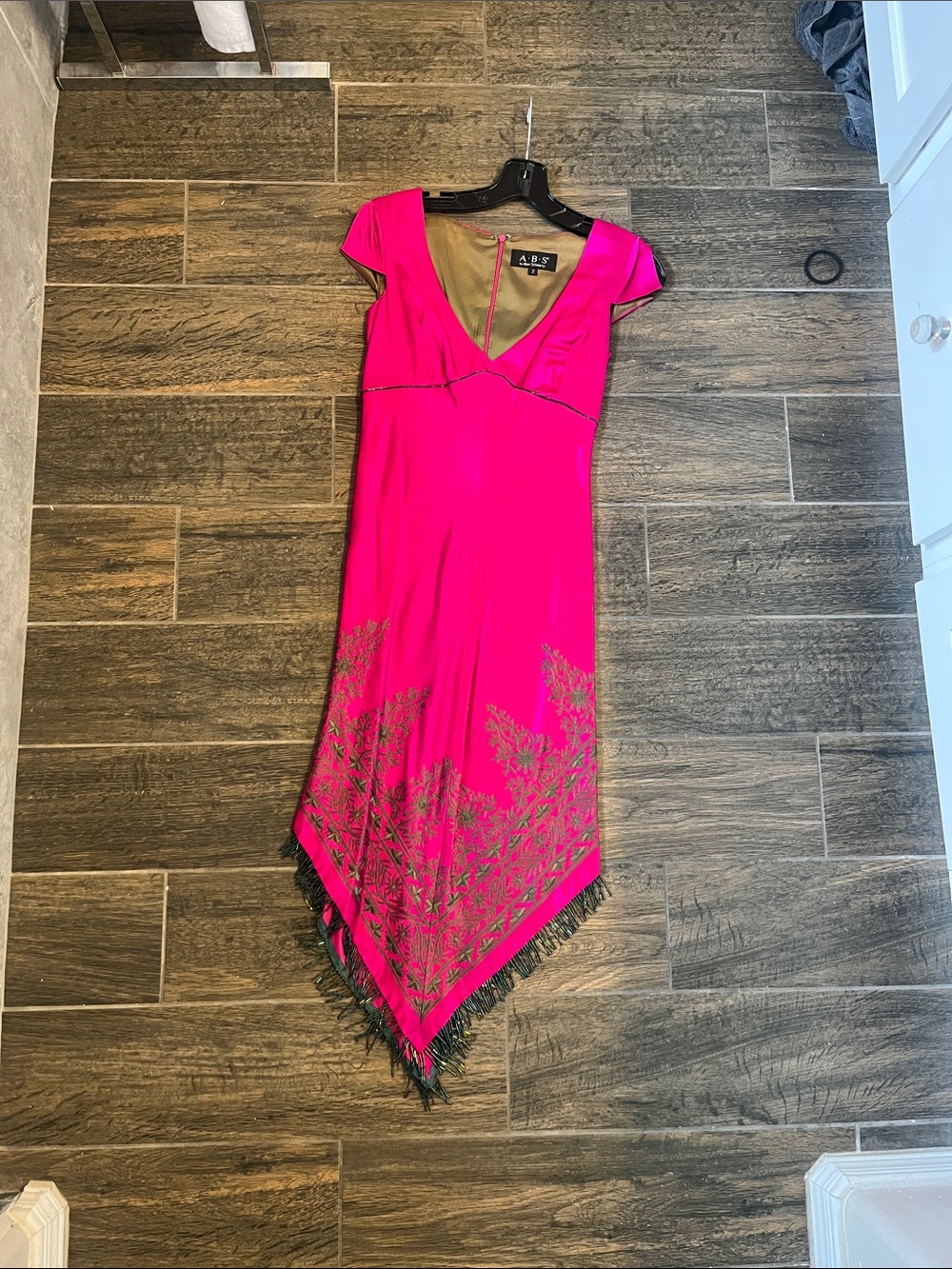 ABS Allen Schwartz Hot Pink Handkerchief Hem Dress with Metallic Embroidery